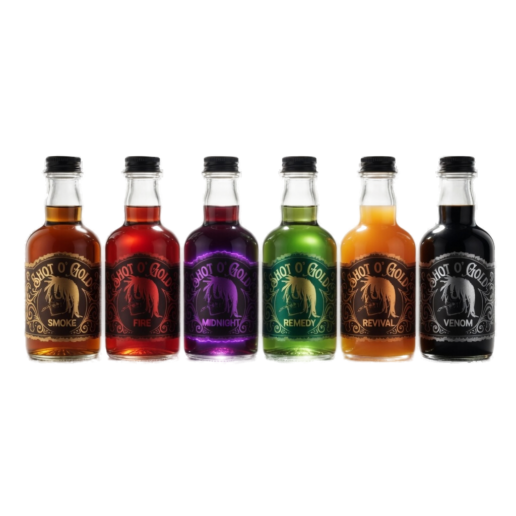 Shot o' Gold — the full lineup: Smoke, Fire, Midnight, Remedy, Revival, Venom